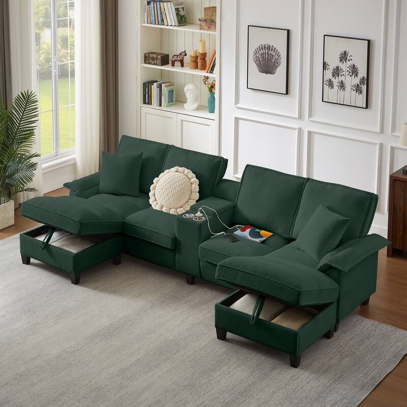 Sectional Sofa Bed Sleeper Sofa with Storage, U-Shaped 4-Seater Chaise Lounge Sofa with Cup Holders & USB Charge