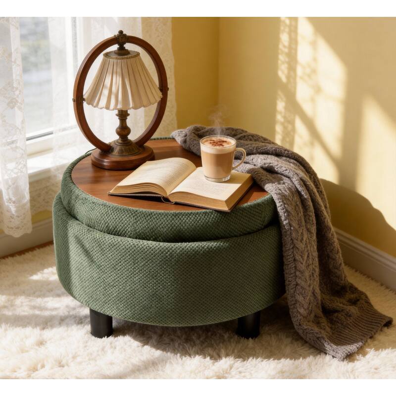 Round Storage Ottoman with Lift-Off Tray and Upholstered Fabric - Dark Green