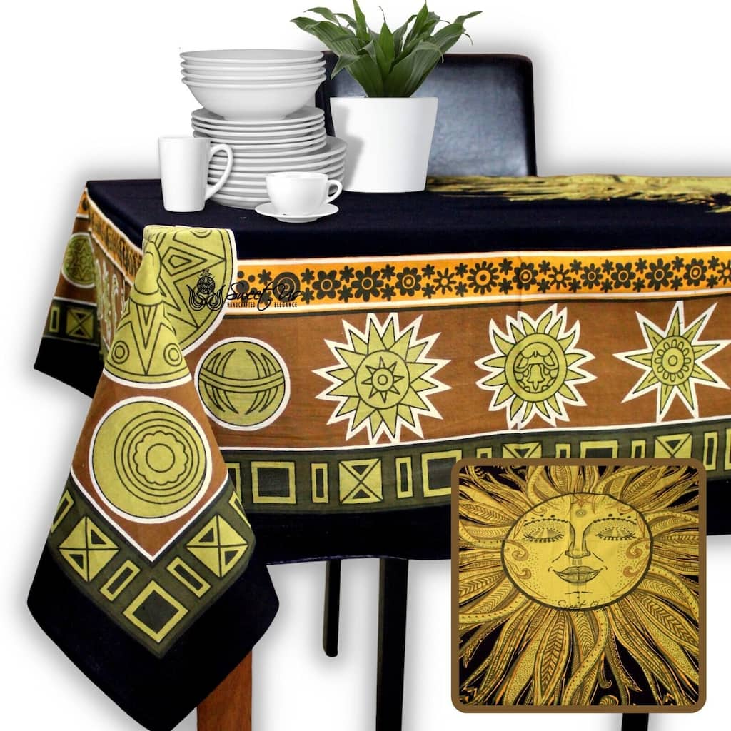 Sun Goddess Cotton Tablecloth Rectangle Midnight Gold Dining Linen - Yellow - 88 x 104 inches