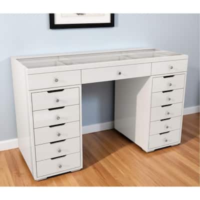 HomeRoots 51" White Glass and Wood Vanity Table With Thirteen Drawers