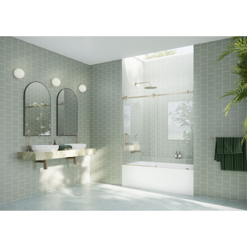 Glass Warehouse 56 in. - 60 in. x 60in. Frameless Bath Tub Sliding Shower Door with Square Hardware - Brushed Bronze