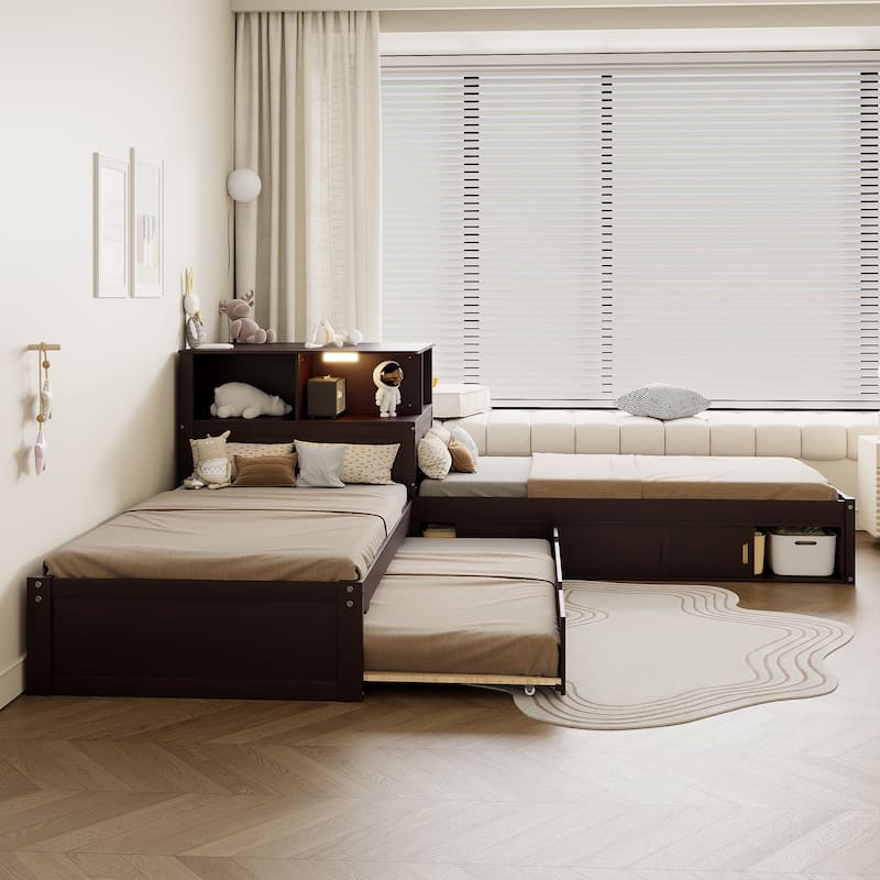 Roomfitters Twin L-Shaped Platform Bed with Trundle, Storage Cabinets and LED Desk - Espresso - Twin