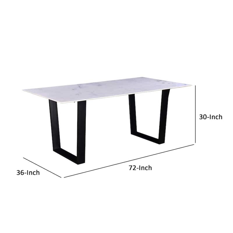 72 Inch Modern Dining Table with Marble Tabletop, Iron Legs, White, Black