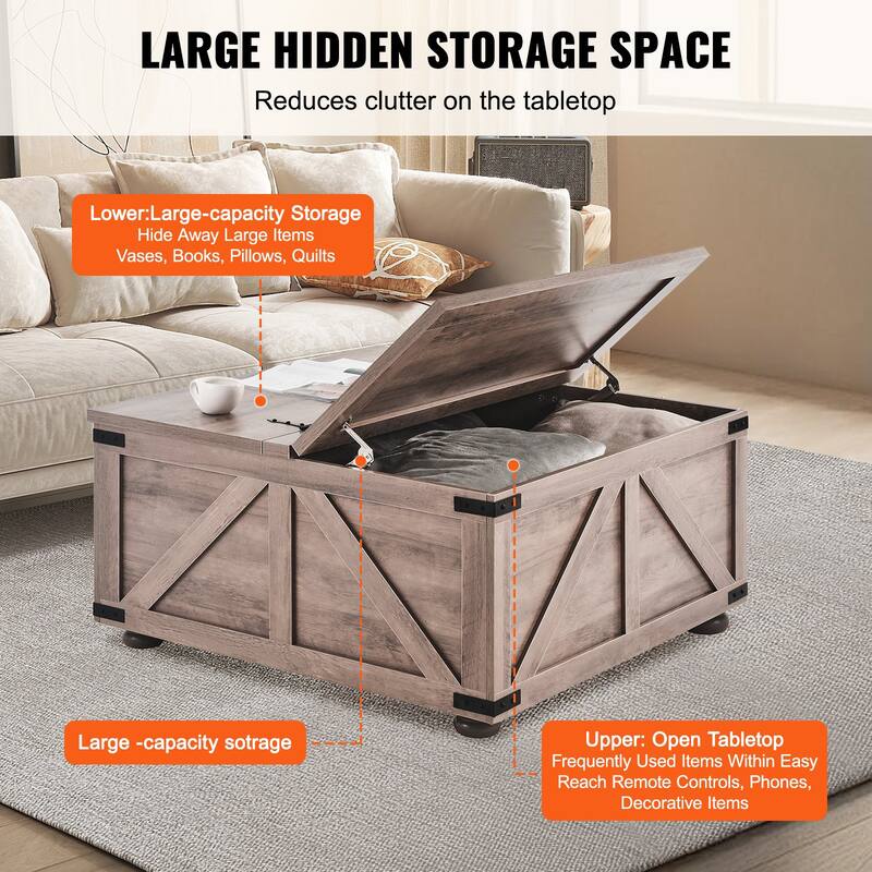 36 Inch Lift Top Square Coffee Table with Large Storage Compartment Perfect for Books or Documents Store - 36” x 36” x 18.2”