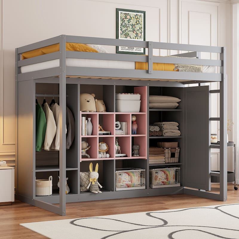 Twin Size Wood Loft Bed with Wardrobe, Shelves, and Cabinet in Gray and Pink - Pink+Grey