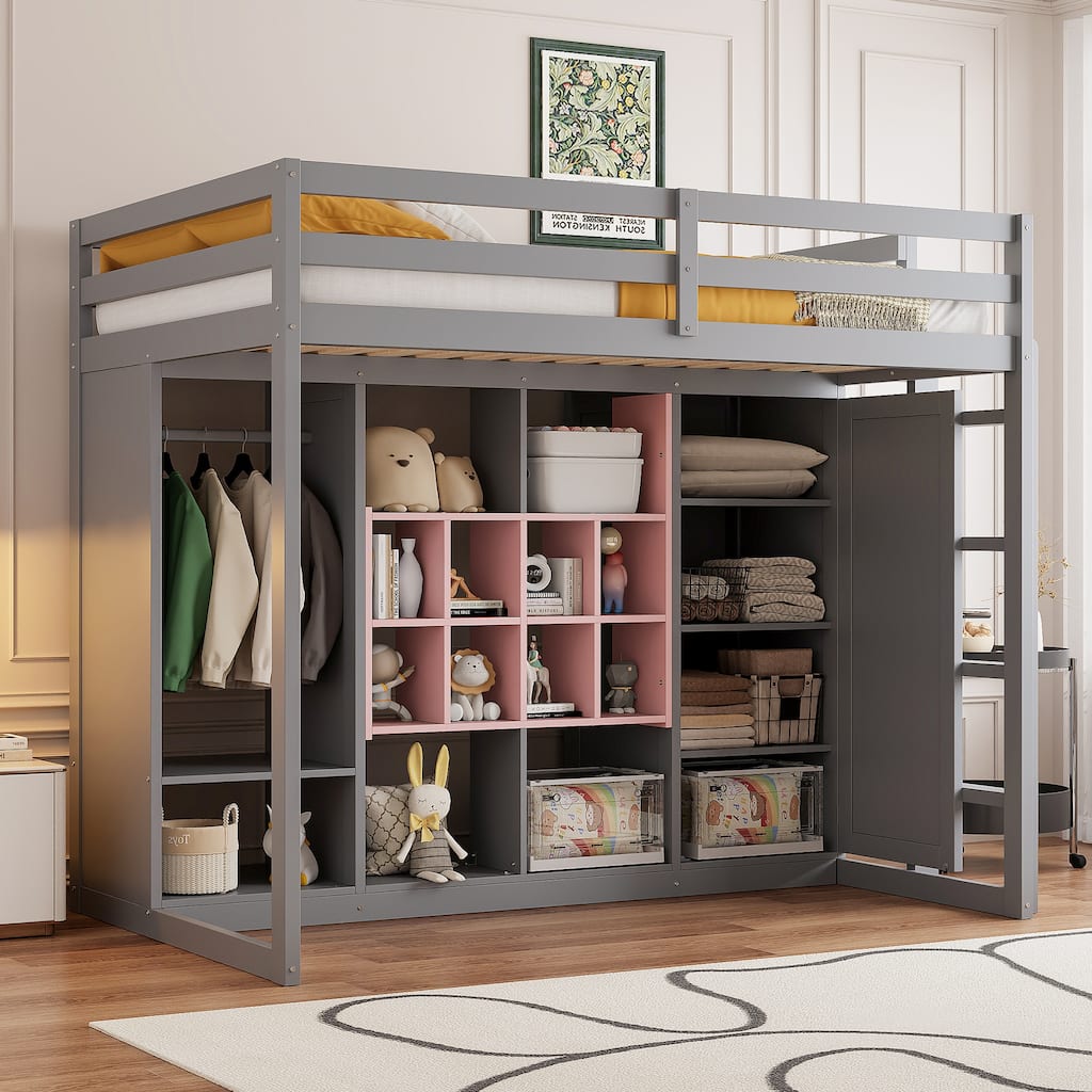 Twin Size Wood Loft Bed with Wardrobe, Shelves, and Cabinet in Gray and Pink