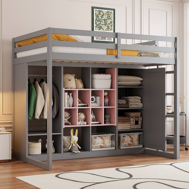 Twin Size Wood Loft Bed with Wardrobe, shelves and Cabinet, White+Yellow - Pink+Grey
