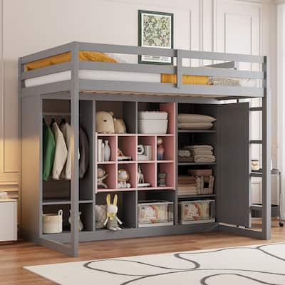 Twin Size Wood Loft Bed with Wardrobe