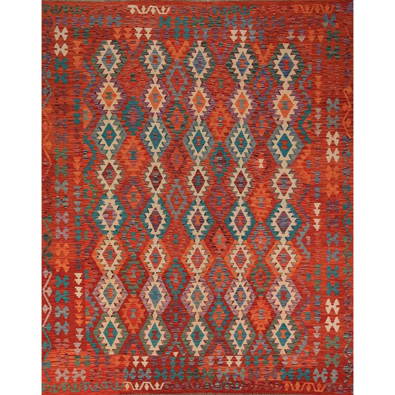 Reversible Orange Kilim Oriental Area Rug Hand-Woven Wool Carpet - 8'3" x 9'9"