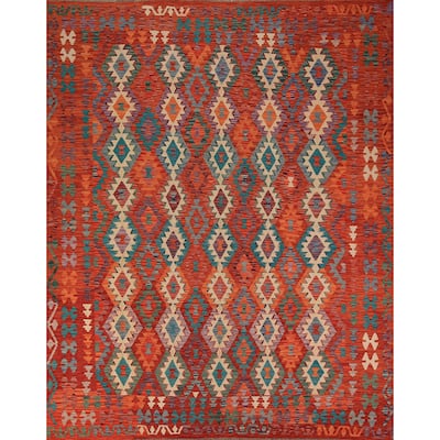 Reversible Orange Kilim Oriental Area Rug Hand-Woven Wool Carpet - 8'3" x 9'9"