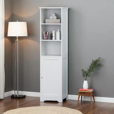 Modern Bathroom Linen Tower Cabinet with Open and Enclosed Shelves, Faux Wood, Compact Storage Organizer