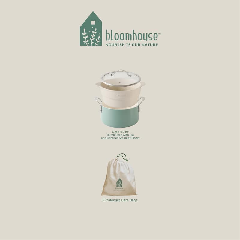 Bloomhouse 6-QT Aluminum Dutch Oven w/ Non-Stick Non-Toxic Ceramic Interior and Ceramic Steamer Insert