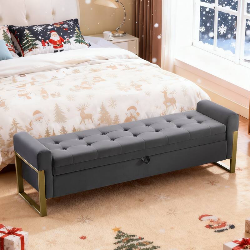 66" Storage Bench for Bedroom End of Bed with Single Lids and Gold Legs - Dark Grey