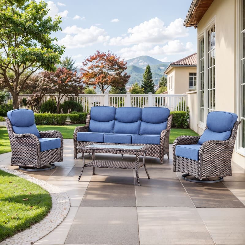 Outdoor Patio Sofa Swivel Chair with 6-Inch Thick Cushions Set - Brwon Wicker Blue Cushion - 4PCS Sofa w/ Swivel Chair Table