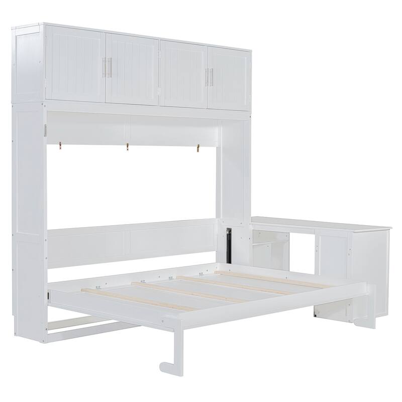 Queen Size Wall-Mounted Murphy Bed with Desk and Storage Cabinets, White/Gray
