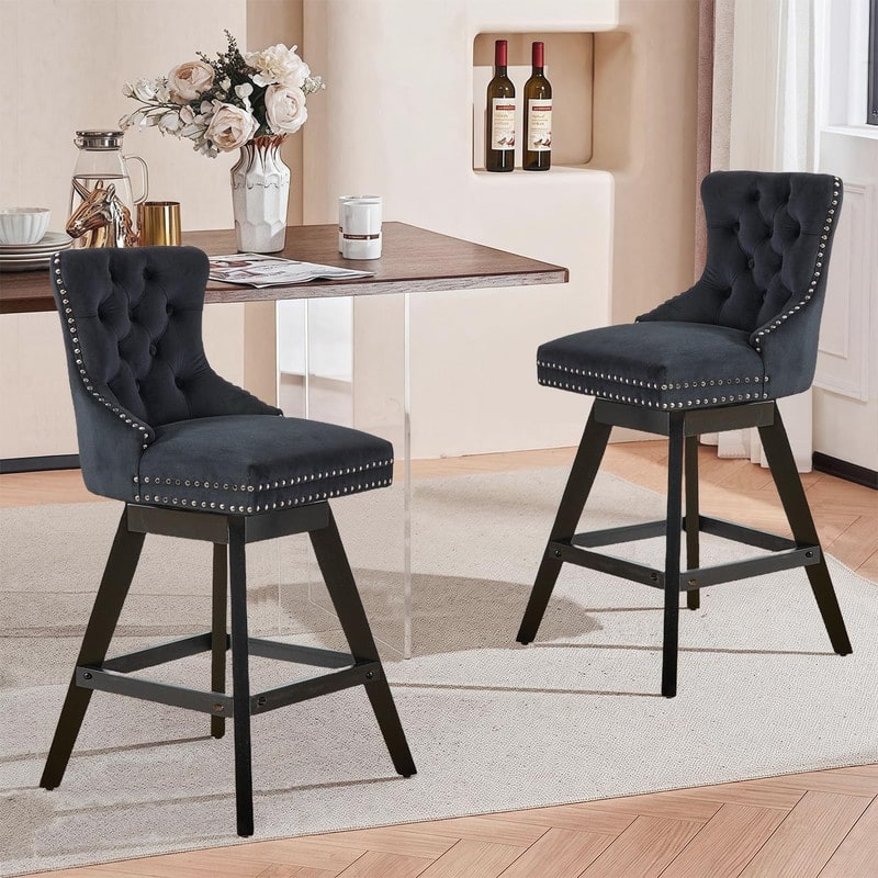 Tufted Swivel Velvet Rubberwood Nailhead Barstools (Set of 2) - Black Velvet