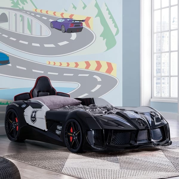 slide 2 of 15, La Vetta Modern Twin Plastic Police Cruiser Kid Platform Bed with LED Lights and Handheld Remote by Furniture of America Black