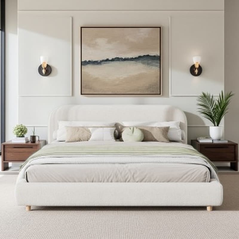 King Bouclé Upholstered Platform Bed with Curved Headboard, Soft Foam Padding, Solid Wood Legs, No Box Spring Required