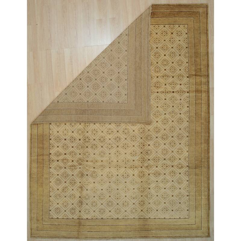 Beige Handmade Wool Transitional Ningxia Rug, 9' x 11'9, Hand Knotted Wool, Subtle Shading, Elegant Design Rug - N/A
