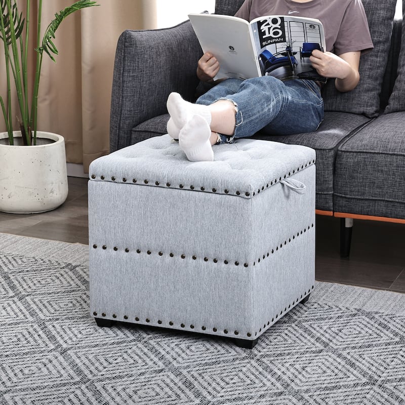 Adeco Fabric Square Storage Ottoman with Tray