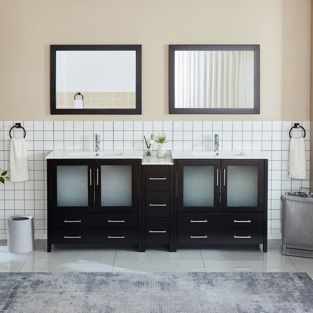 Vanity Art 84" Double Sink Bathroom Vanity Set 7 Dove-Tailed Drawers, 3 Cabinets, 2 Shelves, Soft-Closing Doors with Free Mirror