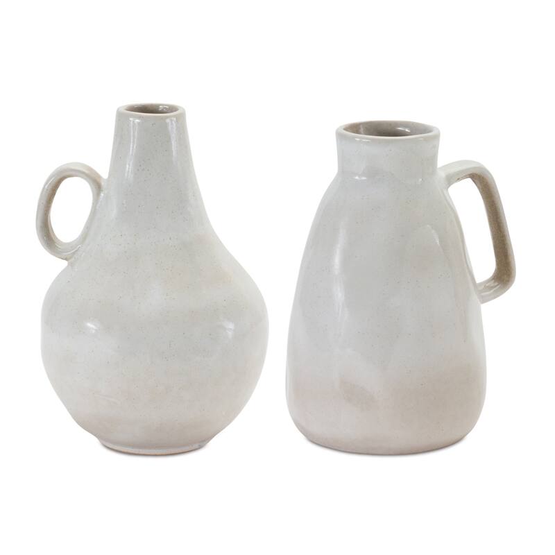Two Tone Ceramic Jug Vases - 8" - White - Set of 2