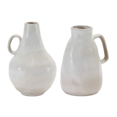 Two Tone Ceramic Jug Vases - 8" - White - Set of 2