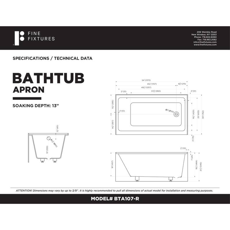 Fine Fixtures Acrylic-Fiberglass Soaking Bathtub, White. Alcove/Apron Front
