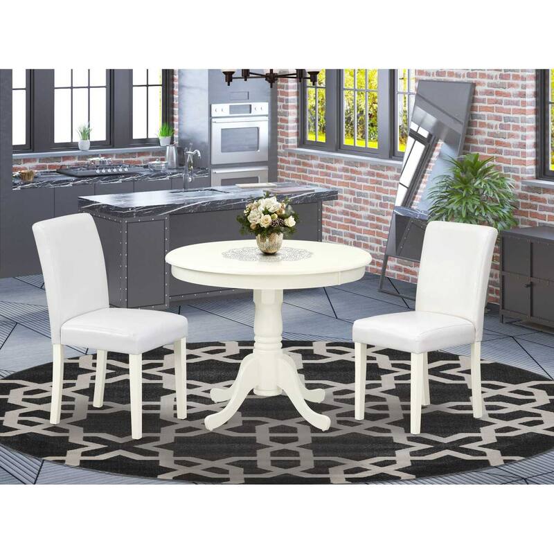 Dinette Set 3pc Table & Chairs - White PU Leather - 36 Inch Round Table - Victorian Style - Home Kitchen Furniture