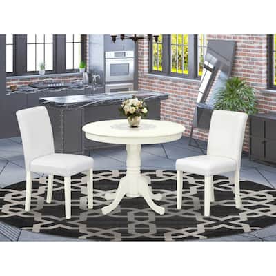 Dinette Set 3pc Table & Chairs - White PU Leather - 36 Inch Round Table - Victorian Style - Home Kitchen Furniture