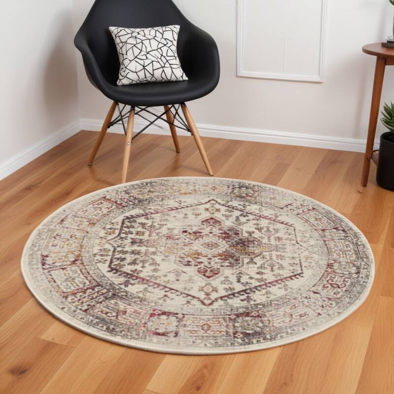 HomeRootsFloral Transitional Round Area Rug - 72' X '72' X '0.5 - 72' X '72' X '0.5 - Orange/Red/Ivory