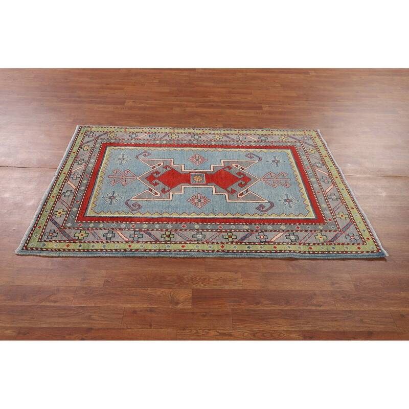 Light Blue Geometric Kazak Foyer Rug Hand-Knotted Wool Carpet - 3'6" x 5'3"