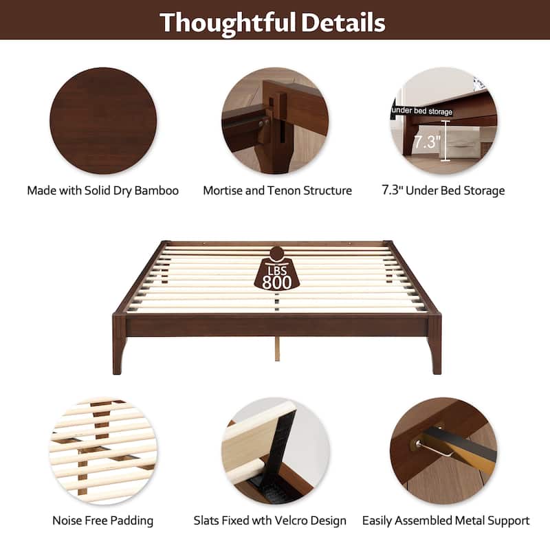 Bamboo Bed Frame Modern Platform Bed Wood Slat Support Low Profile Bed Open Frame with Under Bed Storage and Center Support Legs