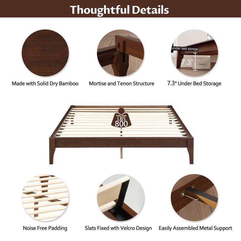King Size Solid Dry Bamboo Wood 12 Inch Platform Bed