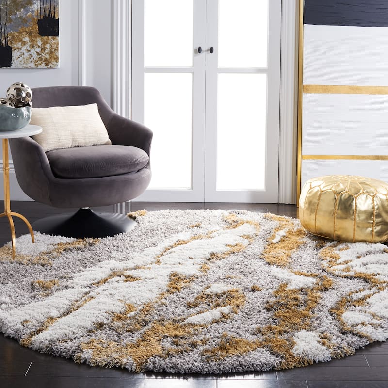 SAFAVIEH Horizon Shag Mukades Abstract 2.5-inch Thick Rug - 6'7" Round - Grey/Gold - Round