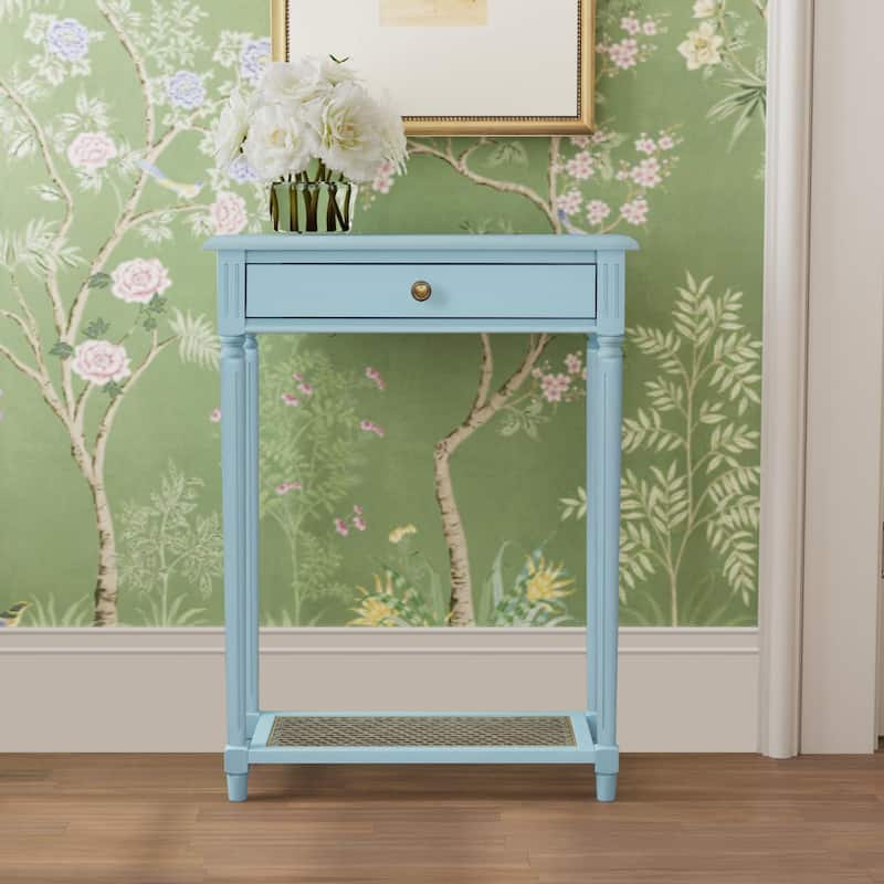 Lenora 1-drawer Solid Wood Console Accent Table with Cane Shelf by East at Main - Powder-Blue