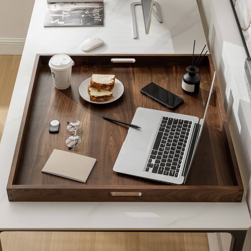 KINWELL Square Black Walnut Wood Serving Tray Ottoman Tray with Handles