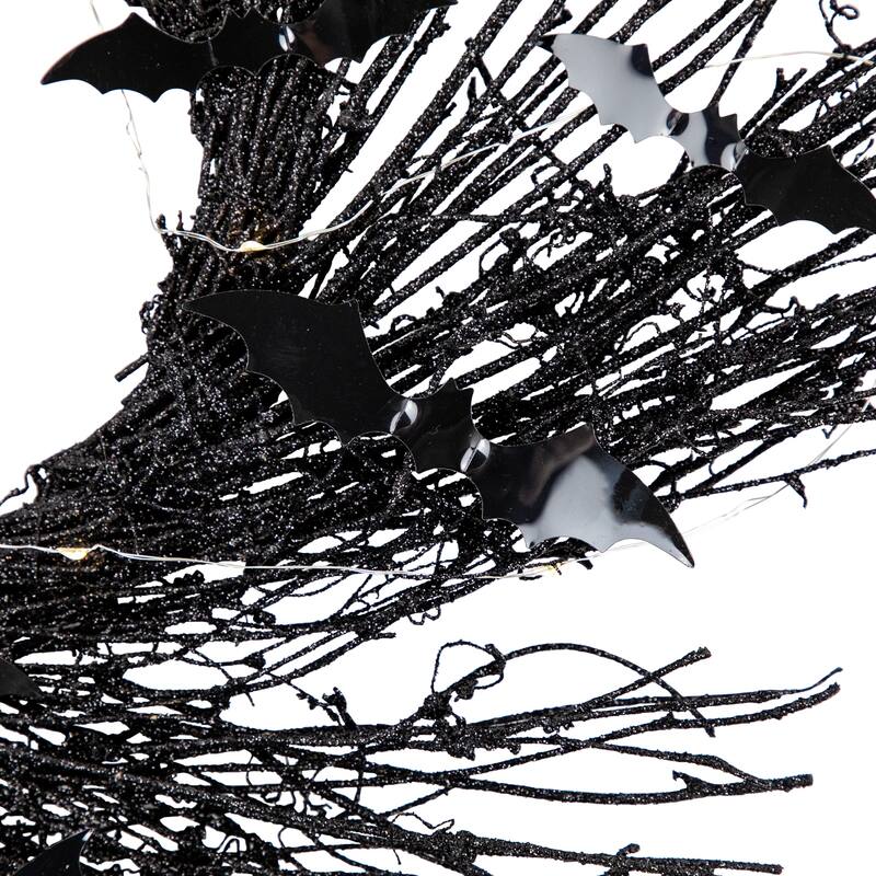 Lighted Halloween Twig Wreath with Bats - Warm White LED Lights - 22" - Black