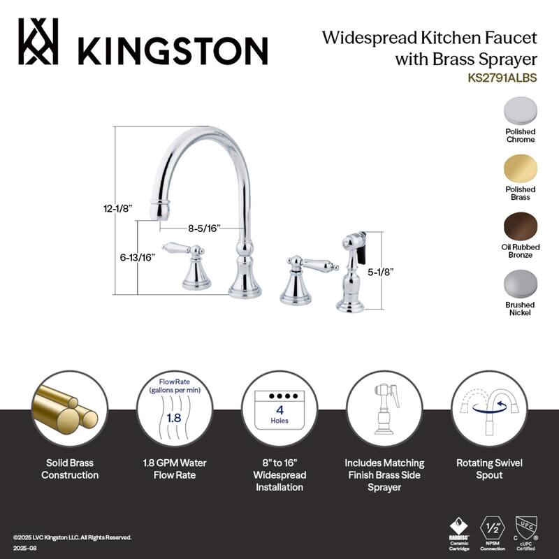 Kingston Brass Governor Deck Mount Widespread Kitchen Faucet with Brass Sprayer