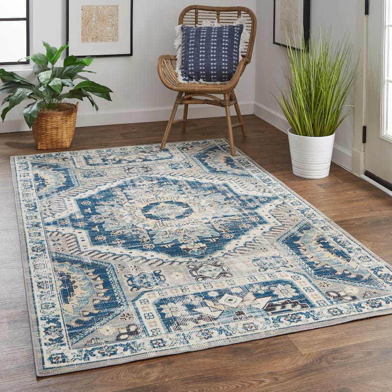 Kezia Vintage Style Tribal Kazak Rug, Classic Blue/Opal Gray
