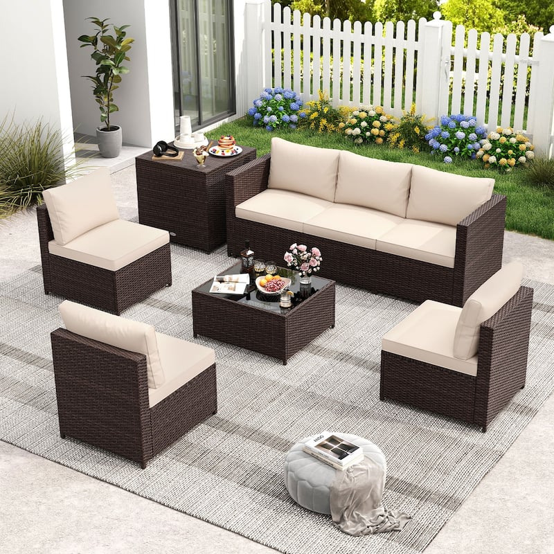 8-Piece Outdoor Patio Furniture Set with Storage Box Brown PE Rattan Sectional and Beige Cushions - 27" x 27" x 25.5"