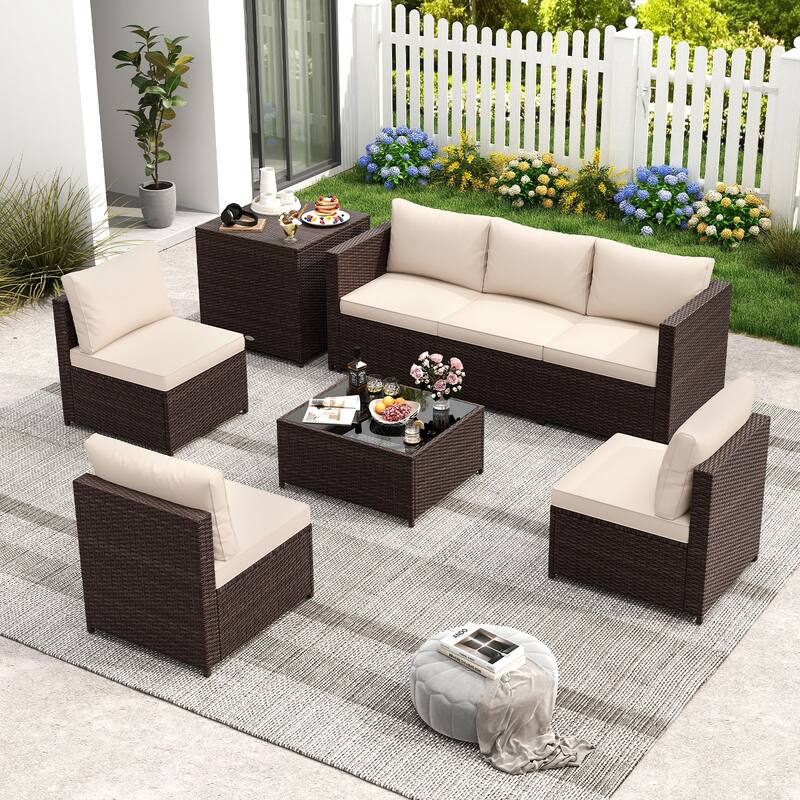 Costway 8 PCS Patio Furniture Set with Storage Box & Tempered Glass - 8 PCS - as pic shows - 8 PCS