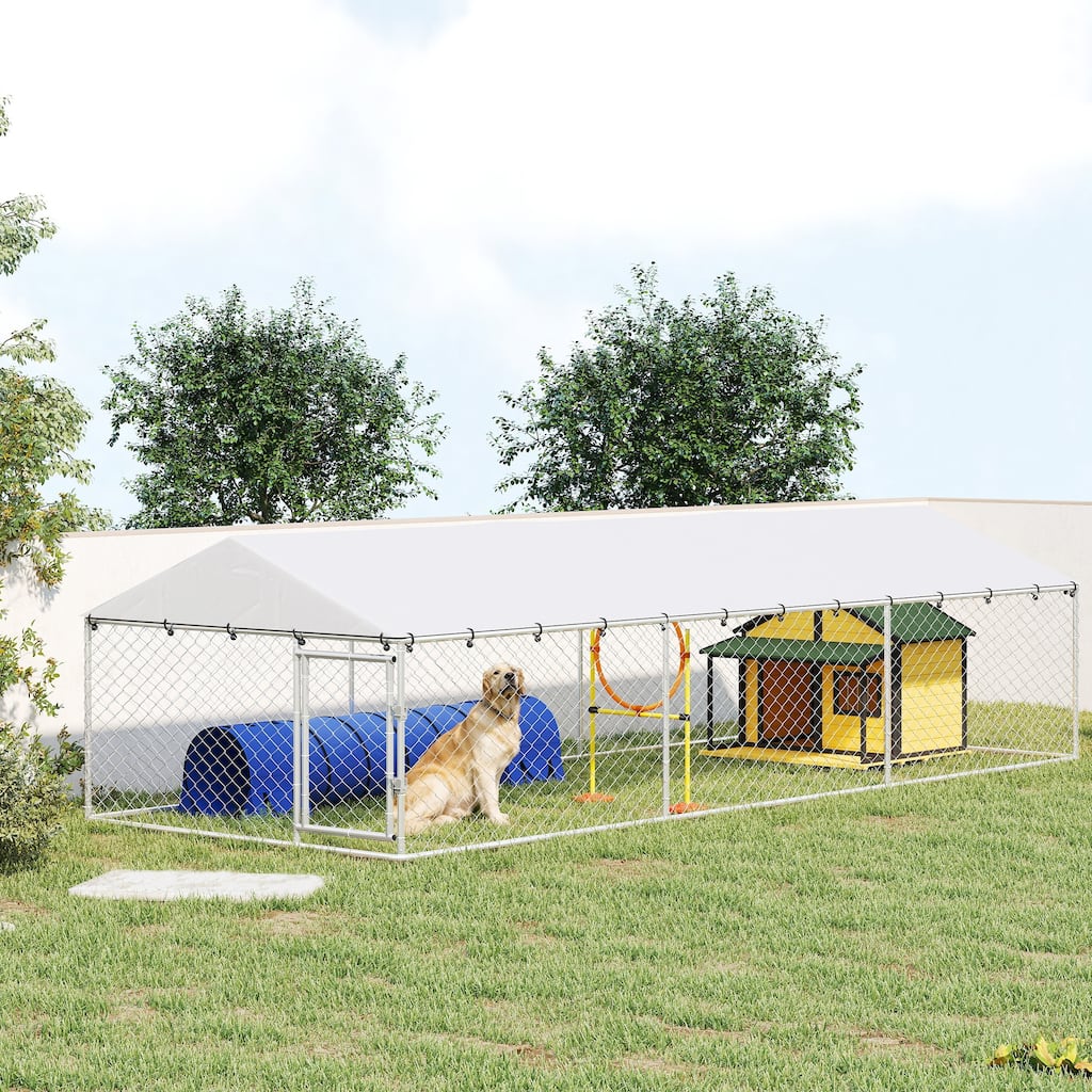PawHut Outdoor Dog Kennel, Chain Link Dog Run with Waterproof Cover, Double Locks, 20' x 7.5' x 5'