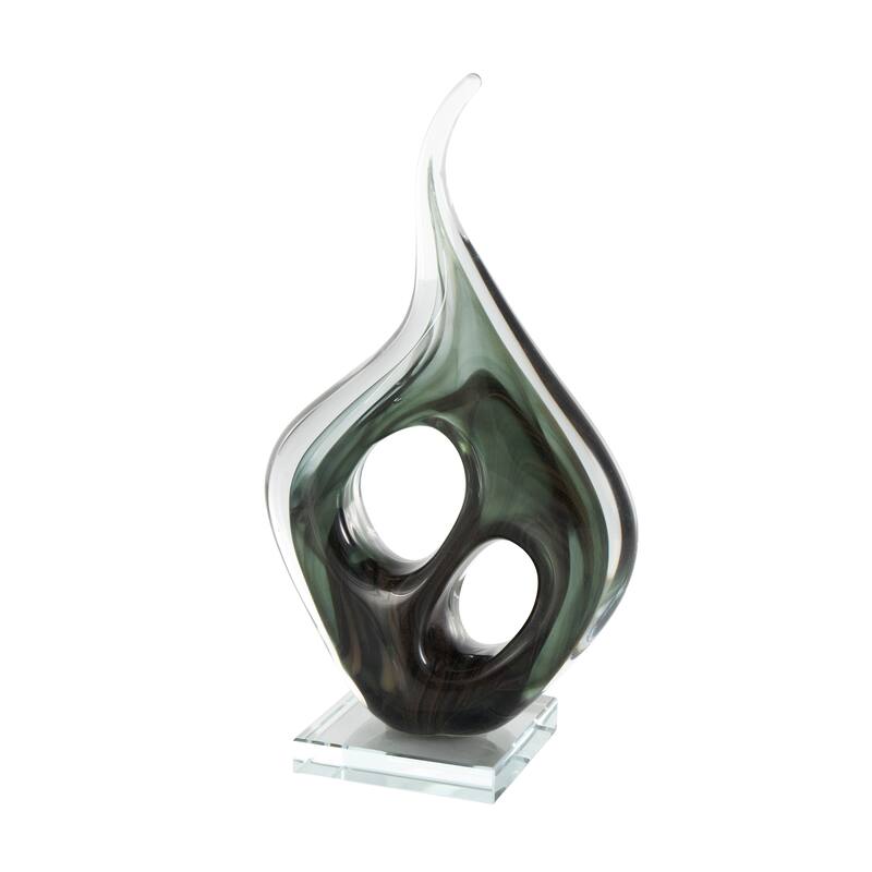 Green Glass Curved Cutout Abstract Decorative Sculpture with Swirl Patterns