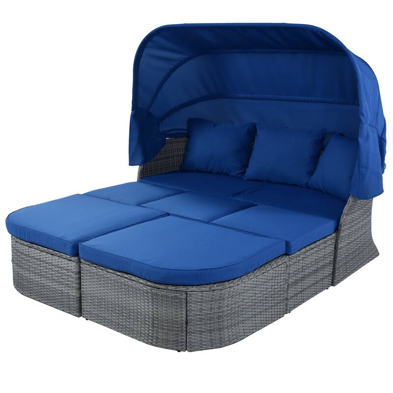 6-Pieces Outdoor Patio Rattan Round Daybed Sunbed Set with Retractable Canopy and Lift Table