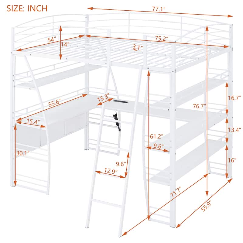 Full Size Loft Bed with 4 Layers of Shelves and L Shaped Desk