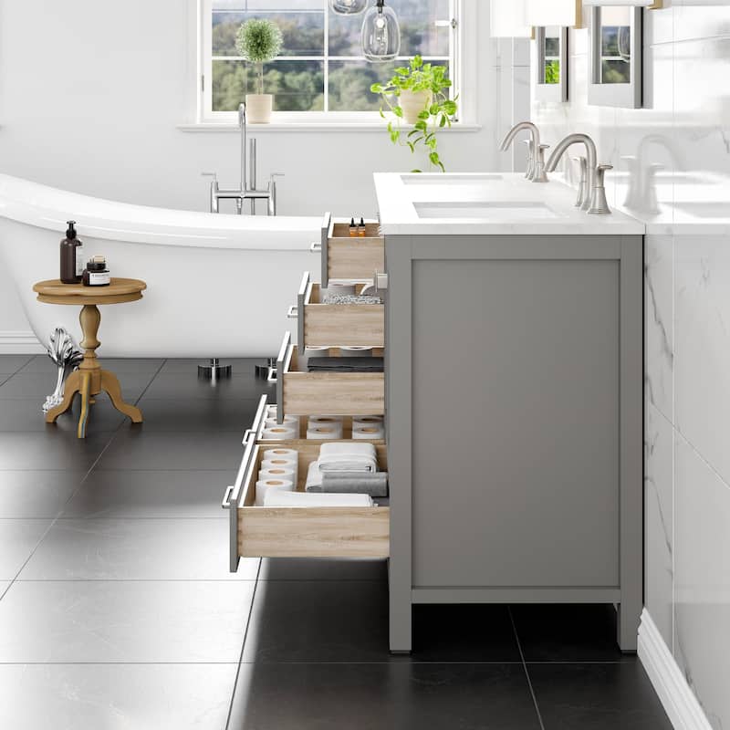 Eviva Aberdeen 78"W x 22"D Gray Double Sink Vanity with White Carrara Quartz Vanity Top and Rectangular Undermount Sinks