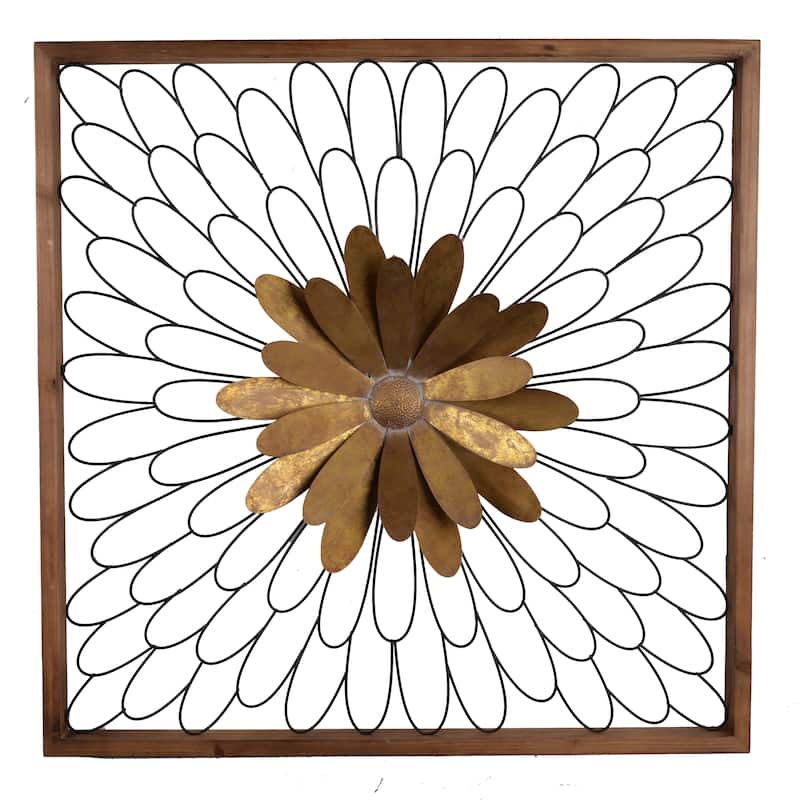 Metal Wall Decor with Wooden Frame and Leafy Flower, Bronze