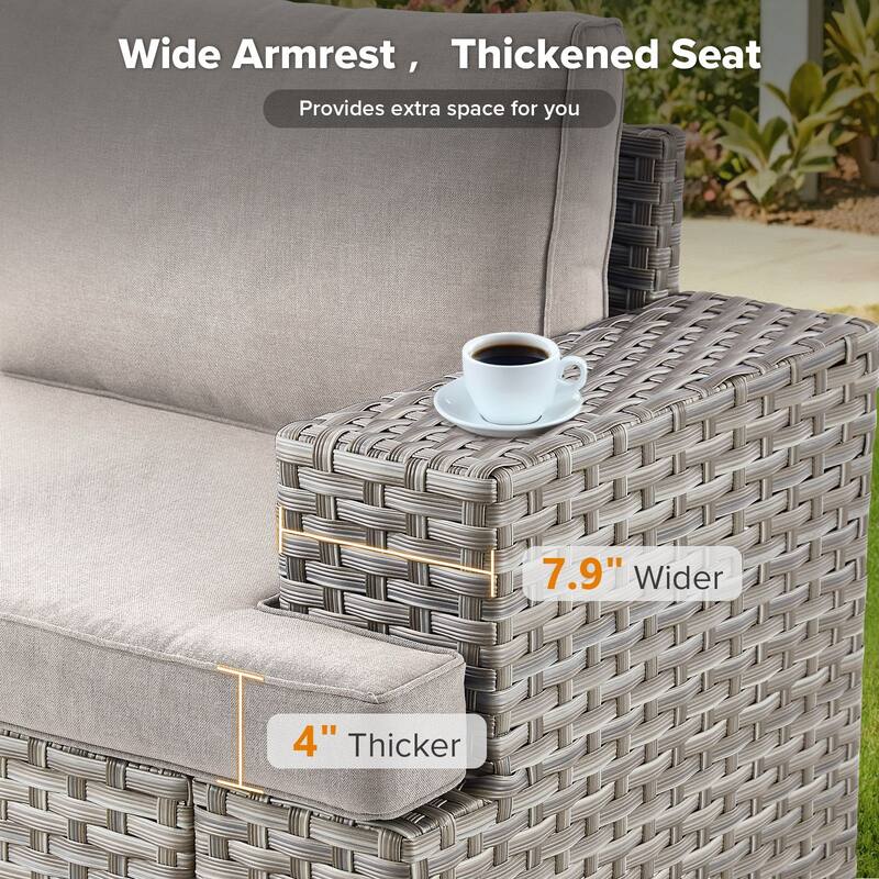 Gymojoy Outdoor Wicker Sectional Sofa Set with Glass Table, Wide Armrests & Water-resistant Cushions, Patio Furniture for Garden