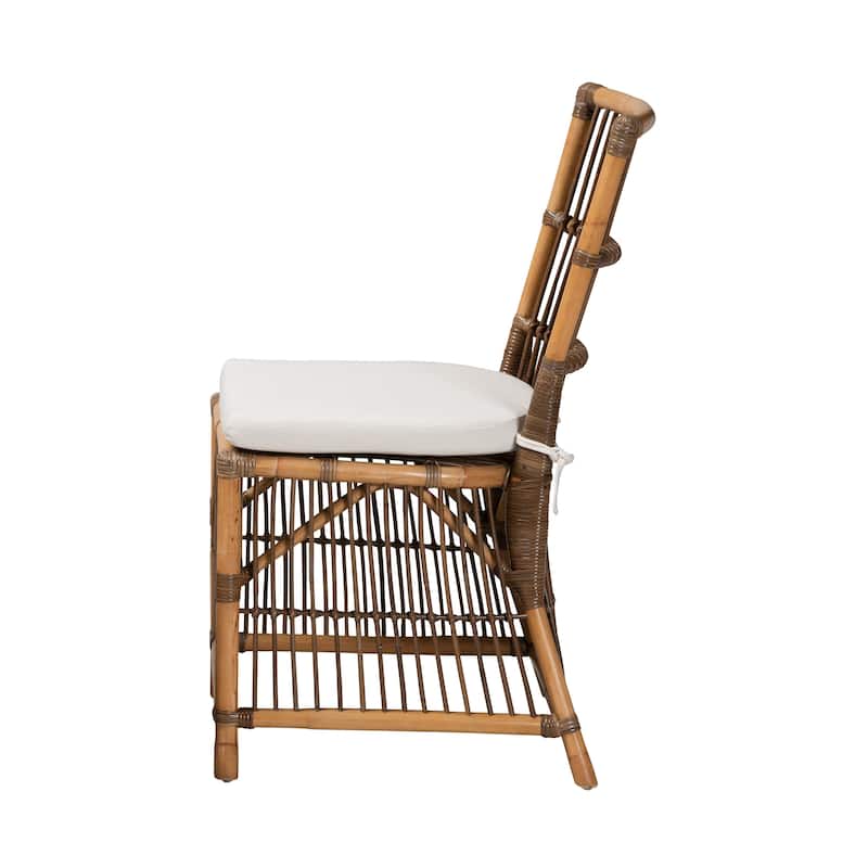 Kim Modern Bohemian White Fabric and Natural Brown Rattan Dining Chair